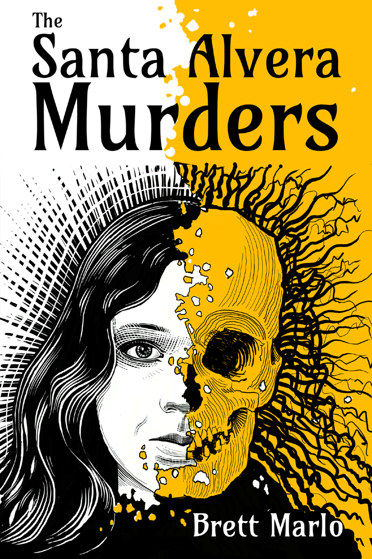 Half of a woman's face combined with half of a skull.